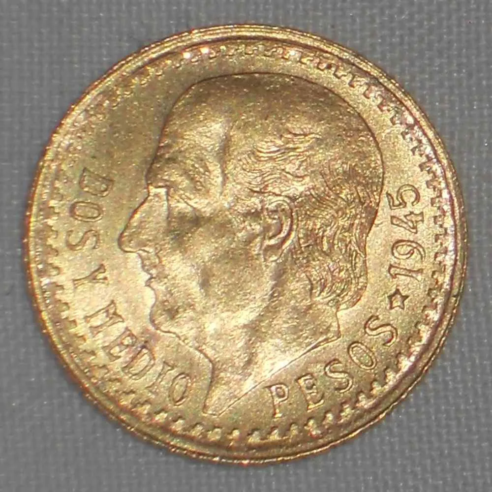 1945 Lustrous Mexico Gold Coin Two and Half Pesos Miguel Hidalgo Mexico Arms AU 