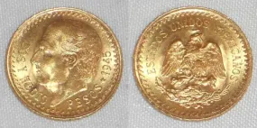 1945 Lustrous Mexico Gold Coin Two and Half Pesos Miguel Hidalgo Mexico Arms AU 