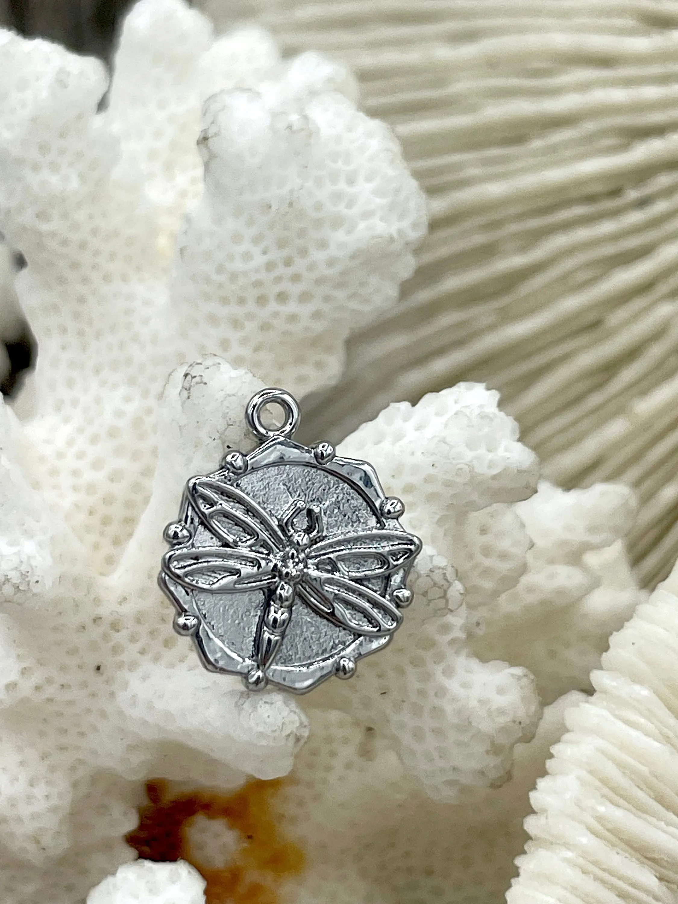 CZ Micro PAVE Gold or Silver Dragonfly Charms, Round Charm, gold or silver plated brass,  14.5mm round CZ charm, Cubic Zirconia, Fast Ship