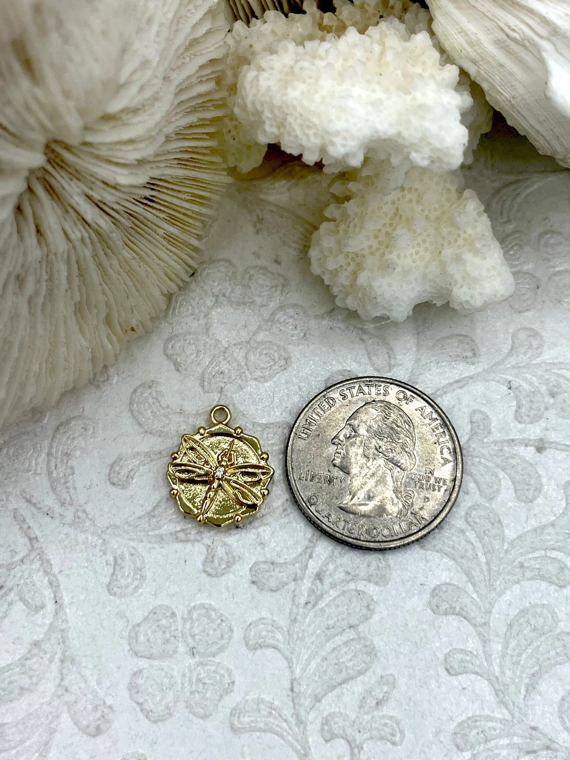 CZ Micro PAVE Gold or Silver Dragonfly Charms, Round Charm, gold or silver plated brass,  14.5mm round CZ charm, Cubic Zirconia, Fast Ship