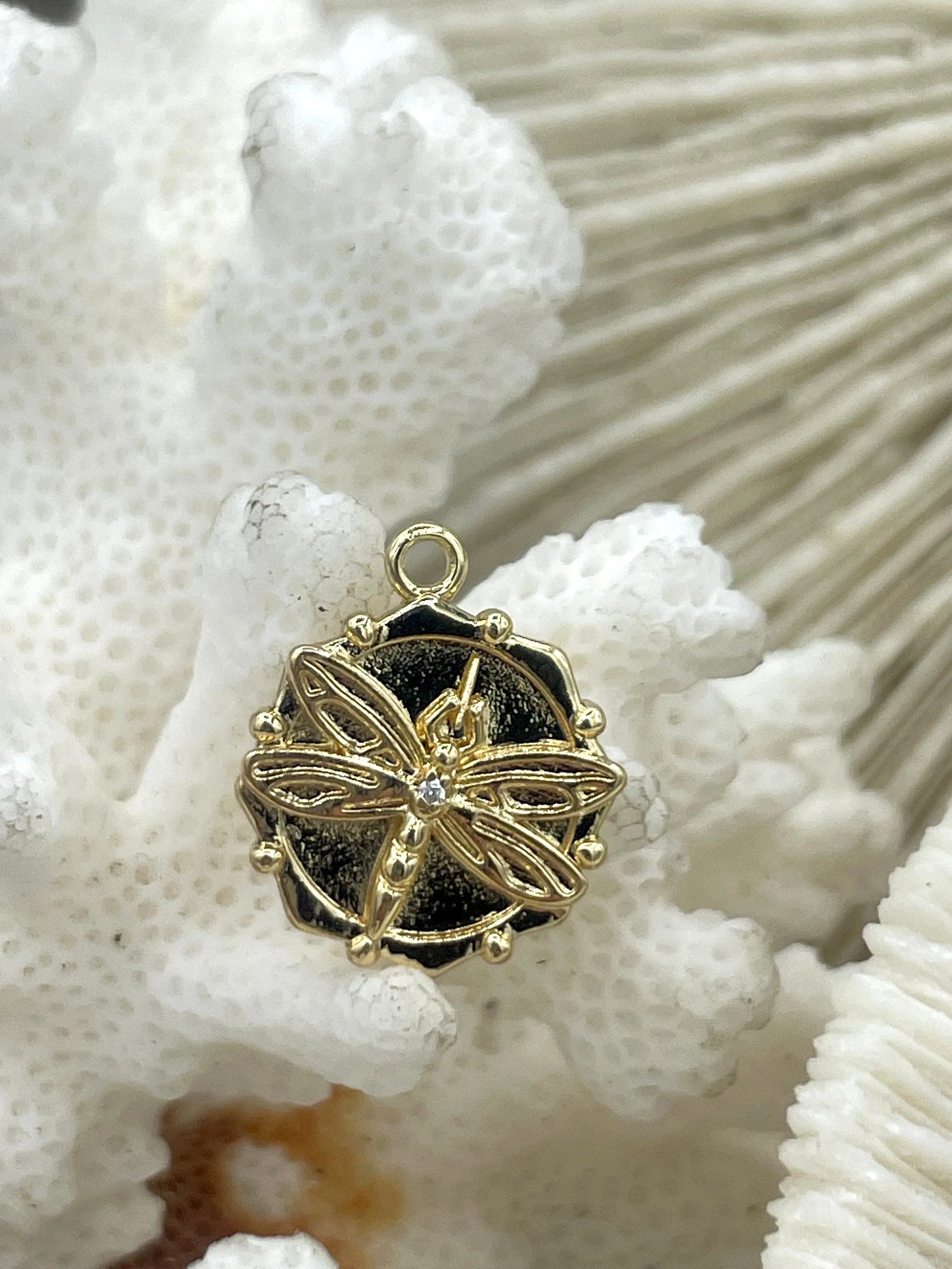 CZ Micro PAVE Gold or Silver Dragonfly Charms, Round Charm, gold or silver plated brass,  14.5mm round CZ charm, Cubic Zirconia, Fast Ship
