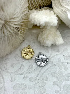 CZ Micro PAVE Gold or Silver Dragonfly Charms, Round Charm, gold or silver plated brass,  14.5mm round CZ charm, Cubic Zirconia, Fast Ship