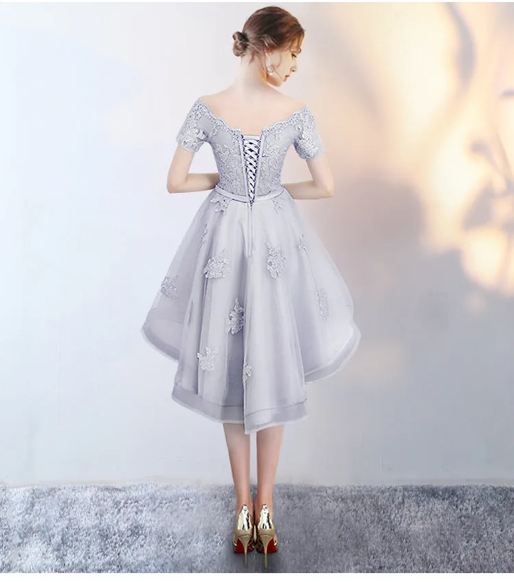 High Low Gray Back Lace Up Lace Dress