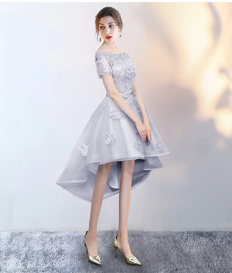 High Low Gray Back Lace Up Lace Dress
