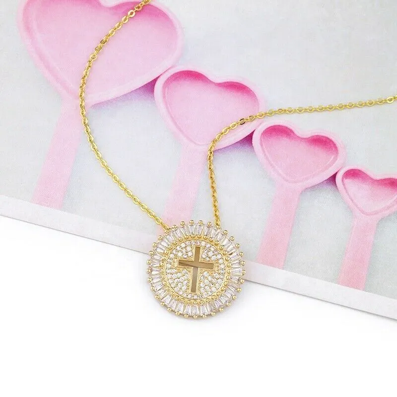 Round Cross Medallion Baguette Micro-Pave Pendant Necklace