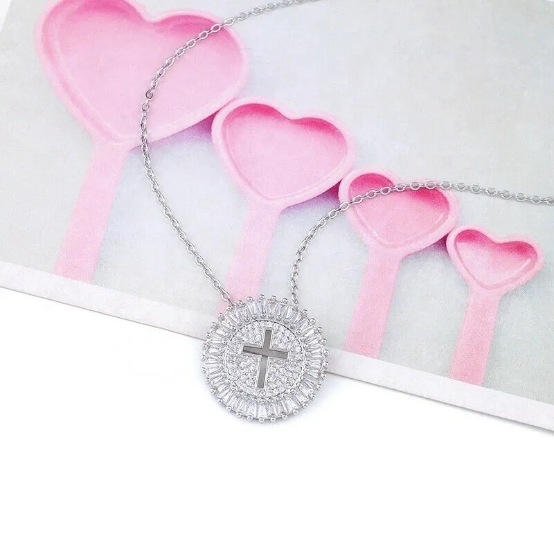 Round Cross Medallion Baguette Micro-Pave Pendant Necklace