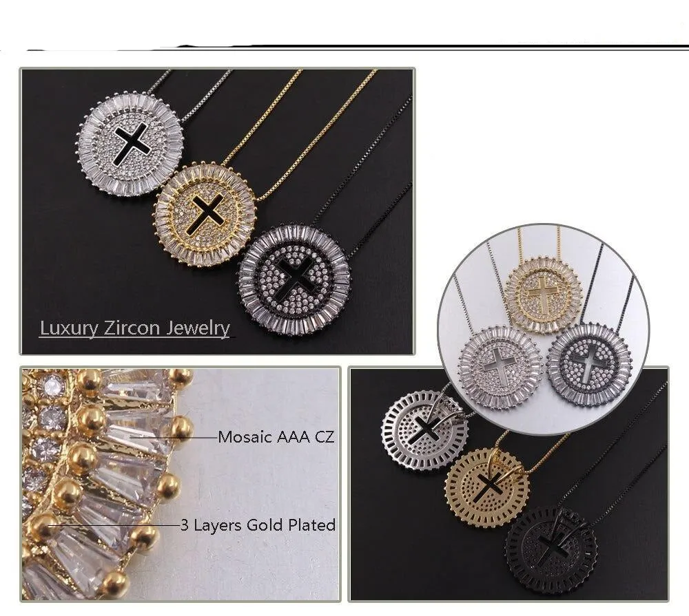 Round Cross Medallion Baguette Micro-Pave Pendant Necklace