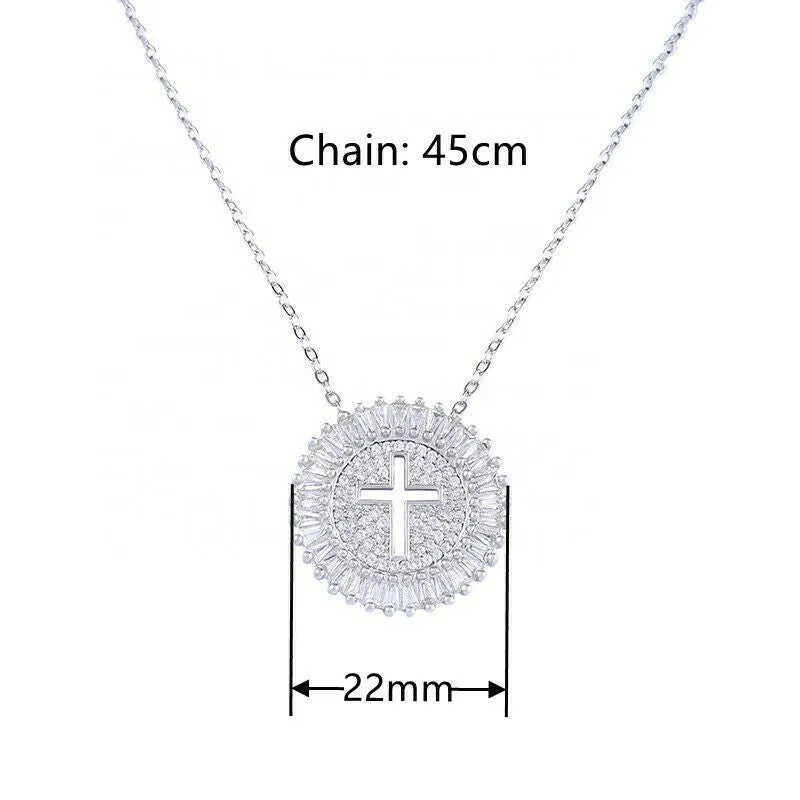 Round Cross Medallion Baguette Micro-Pave Pendant Necklace