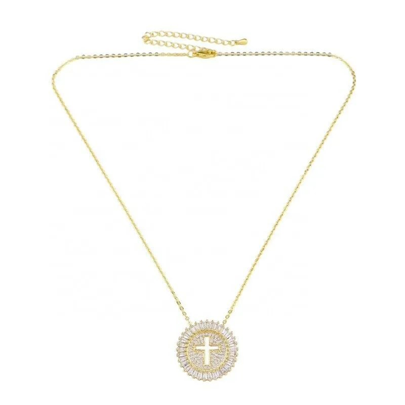 Round Cross Medallion Baguette Micro-Pave Pendant Necklace