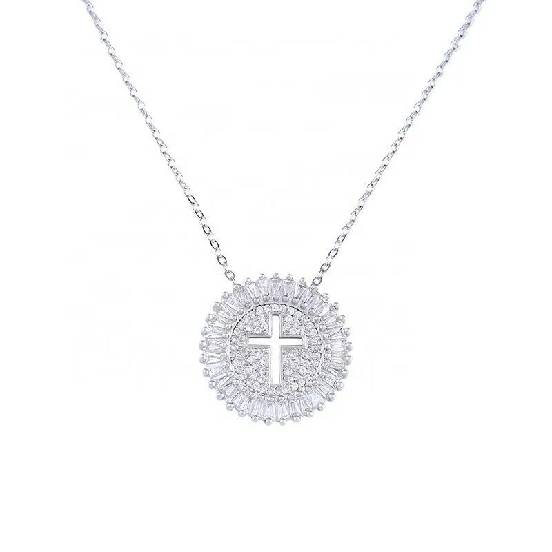Round Cross Medallion Baguette Micro-Pave Pendant Necklace